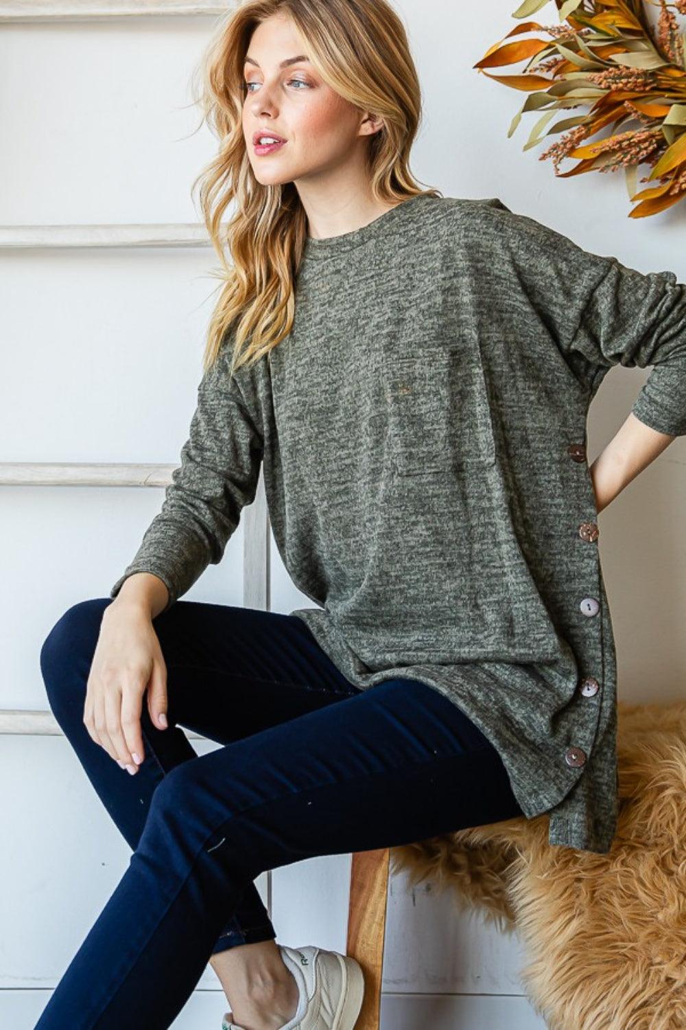 Reborn J Button Side Round Neck Long Sleeve T-Shirt Carauana Store