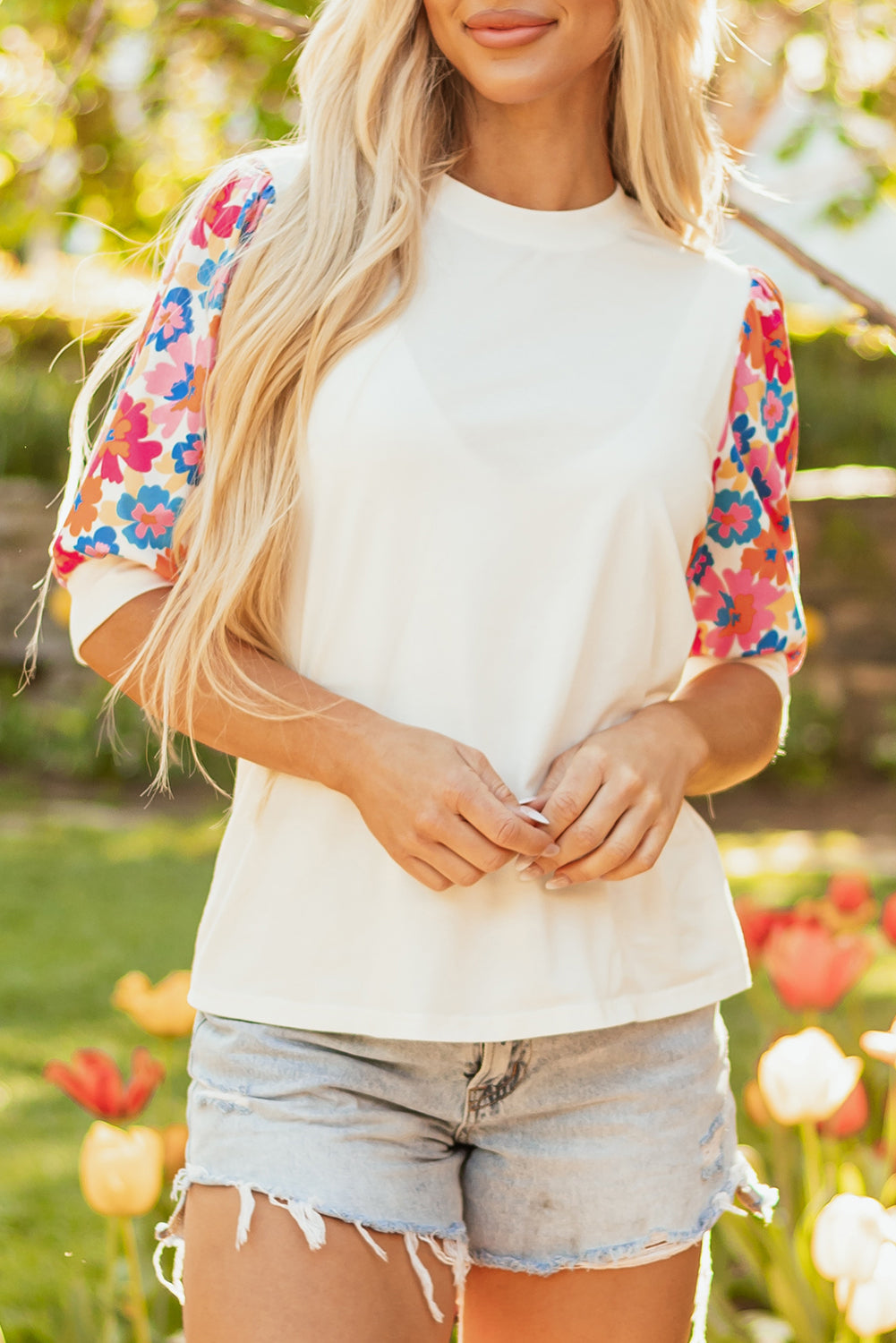 Beige Floral Puff Sleeve Patchwork Round Neck Top