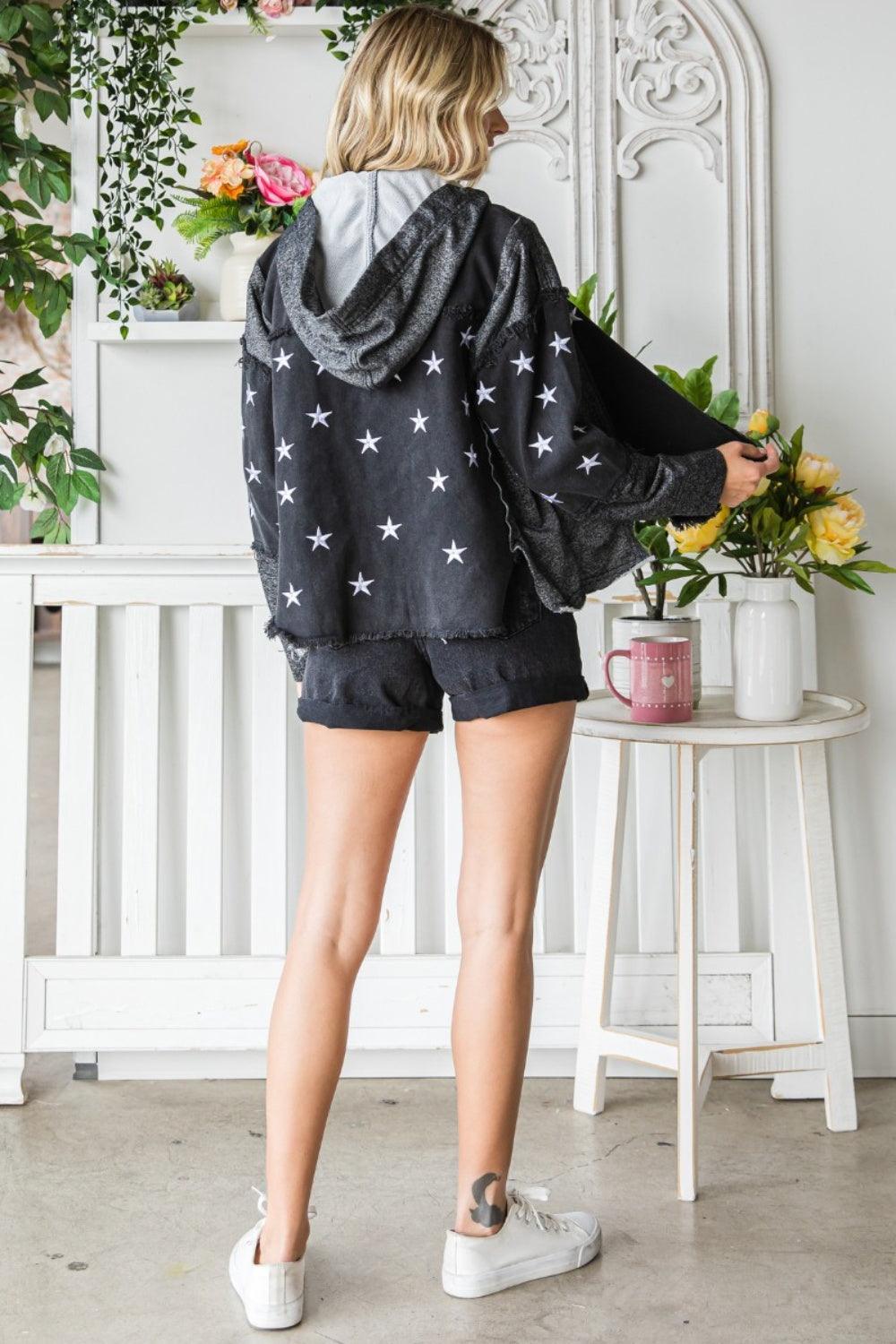 Veveret Star Embroidered Hooded Denim Jacket Carauana Store