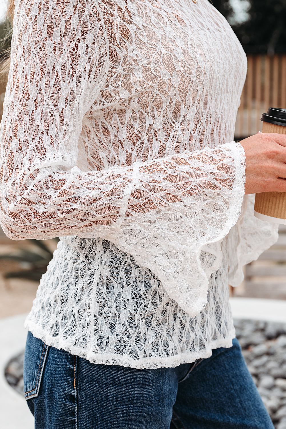 White Sheer Lace Bell Sleeve Mock Neck Blouse