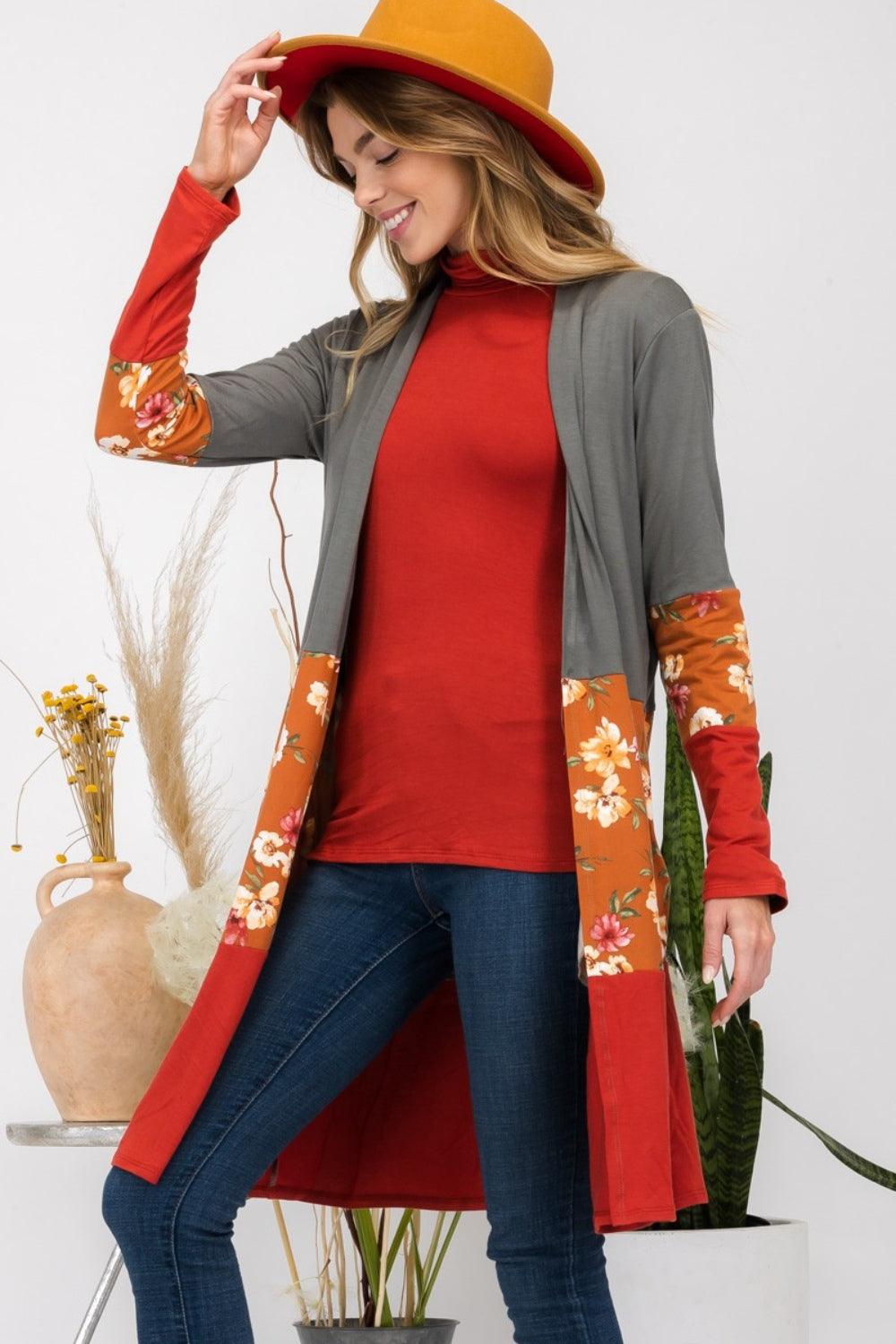Celeste Full Size Floral Color Block Open Front Cardigan Carauana Store