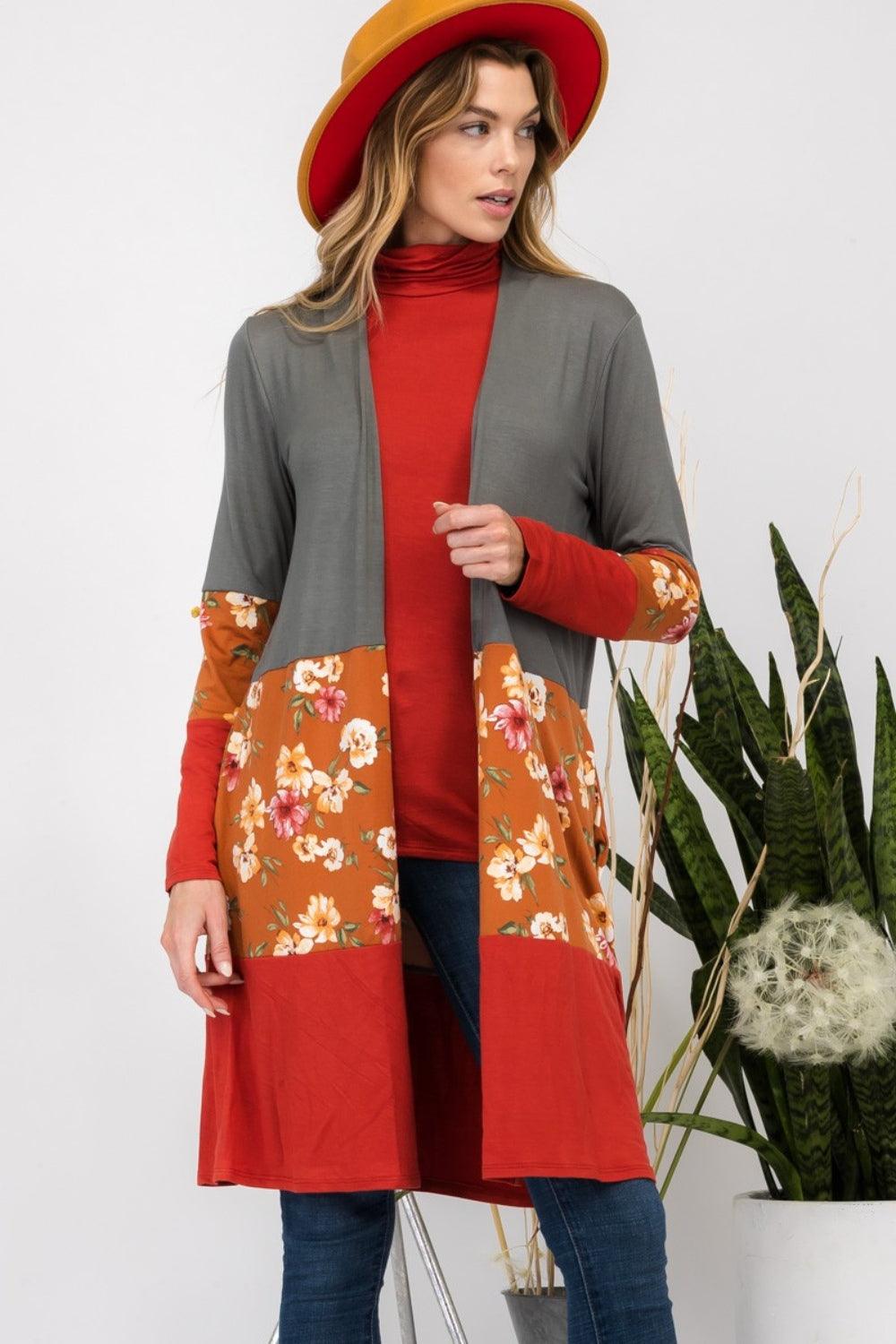 Celeste Full Size Floral Color Block Open Front Cardigan Carauana Store
