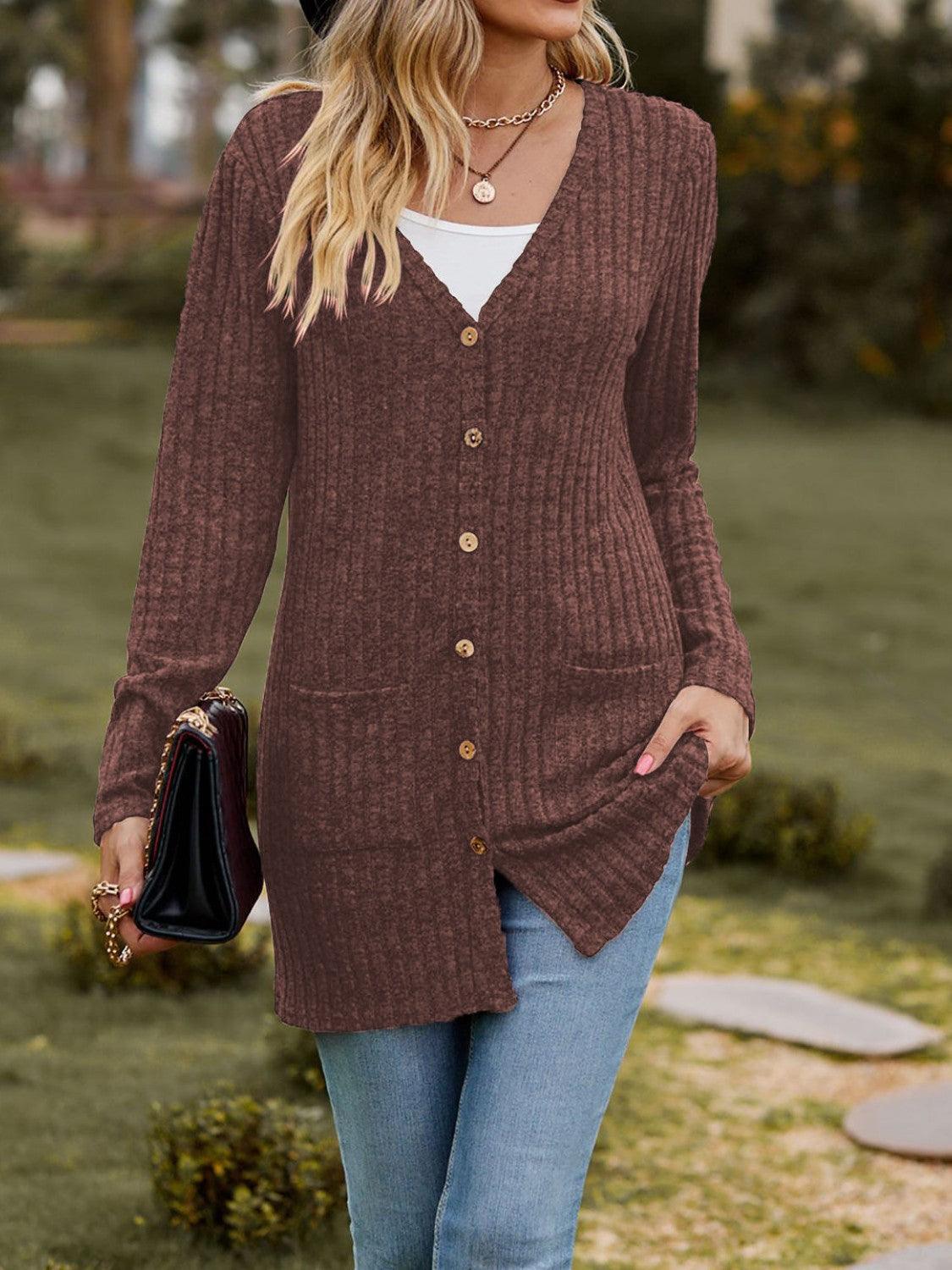 Ribbed Button Up Long Sleeve Cardigan Carauana Store