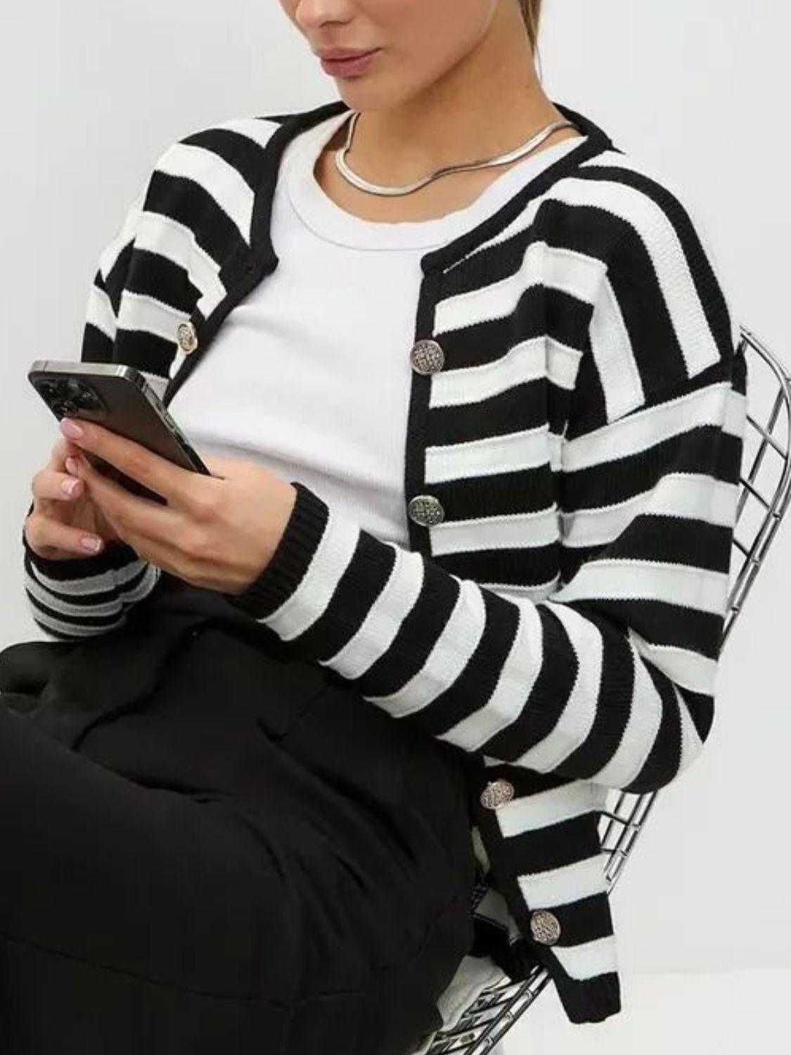 Striped Dropped Shoulder Long Sleeve Cardigan Carauana Store