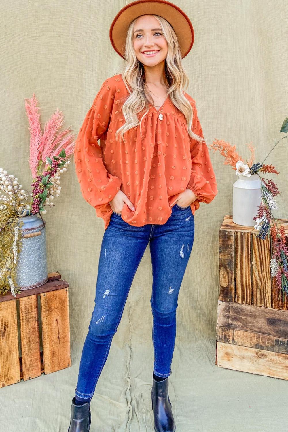 And The Why Swiss Dot V Neck Balloon Sleeve Woven Blouse Carauana Store