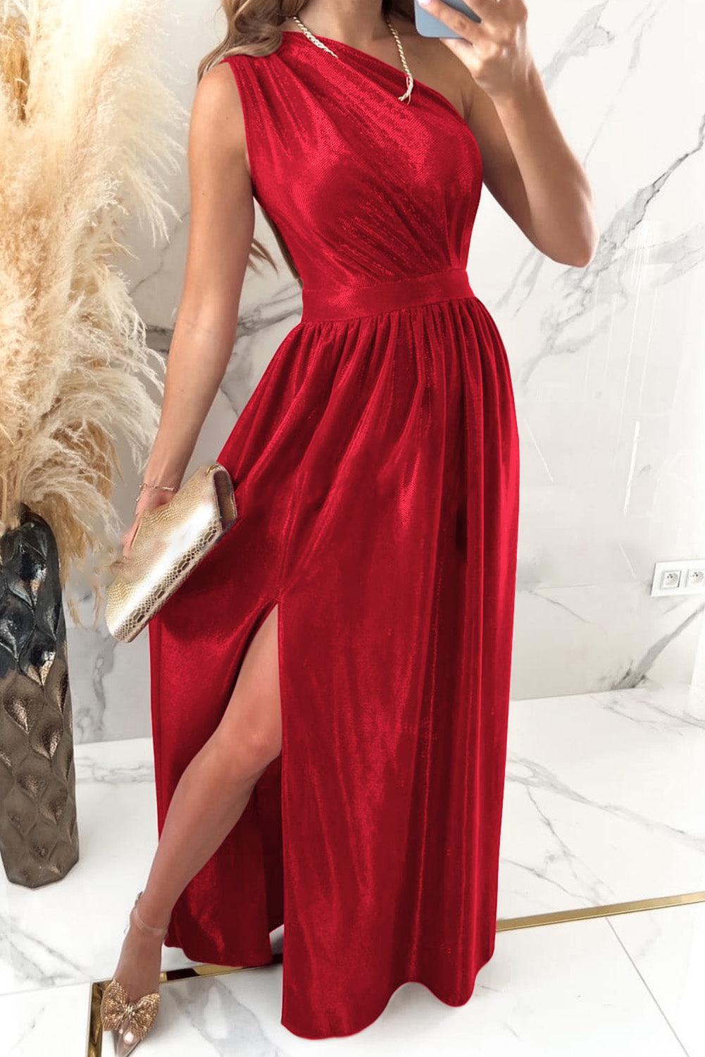One Shoulder Slit Ruched Maxi Dress Carauana Store