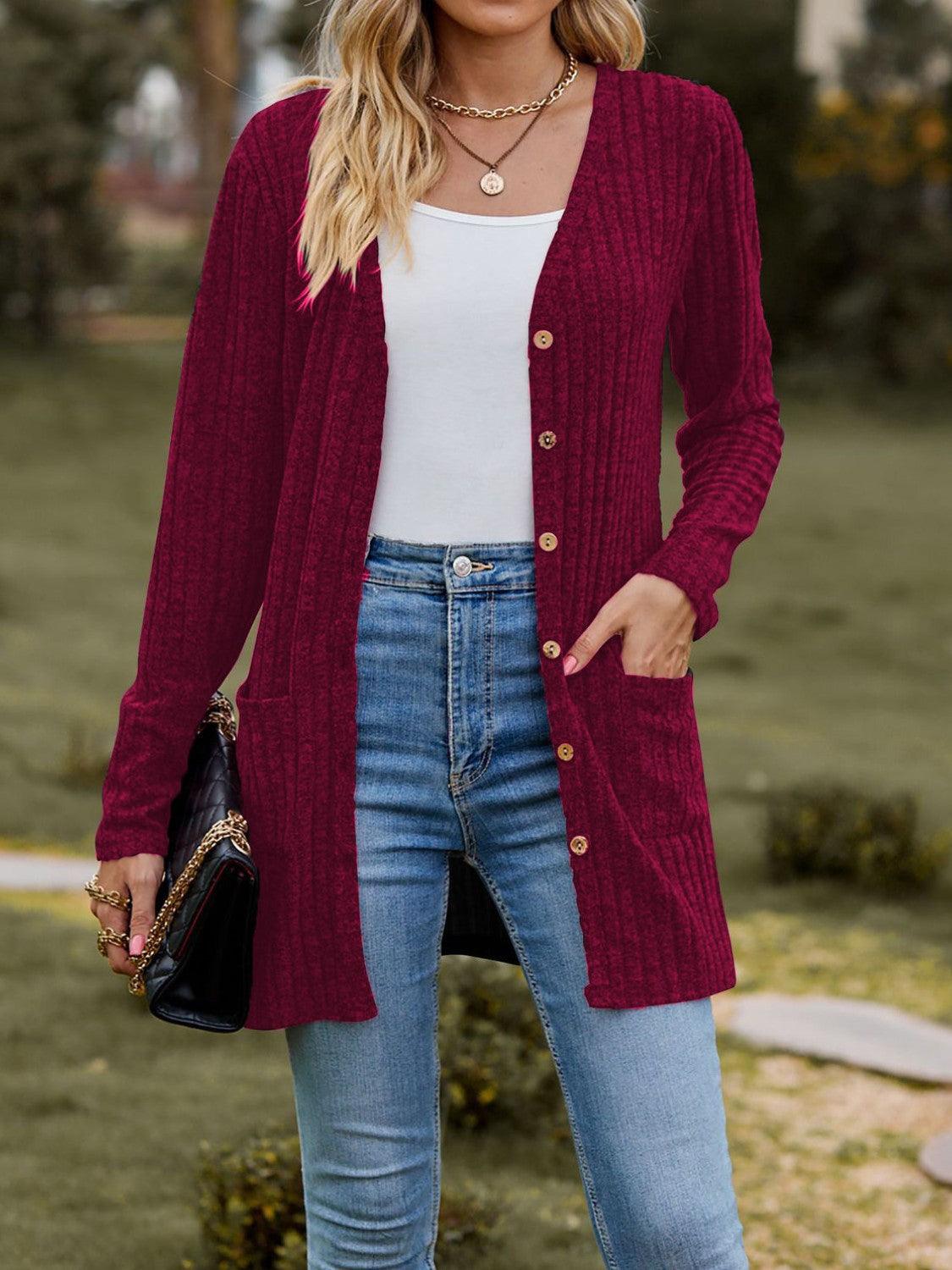 Ribbed Button Up Long Sleeve Cardigan Carauana Store