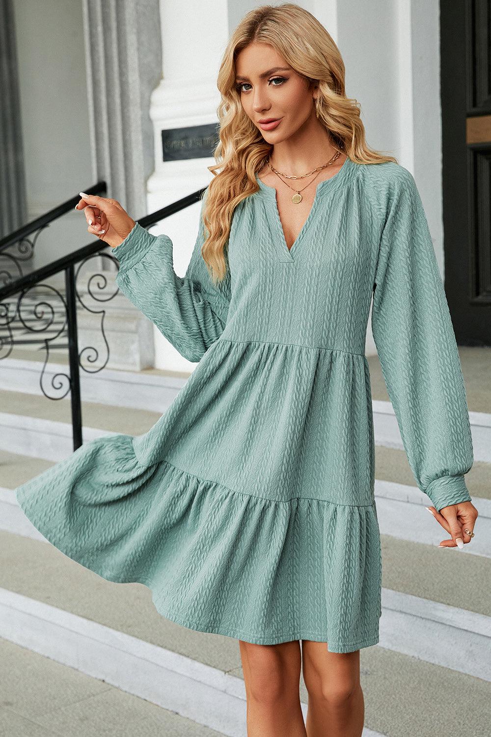 Ruched Notched Long Sleeve Mini Dress Carauana Store