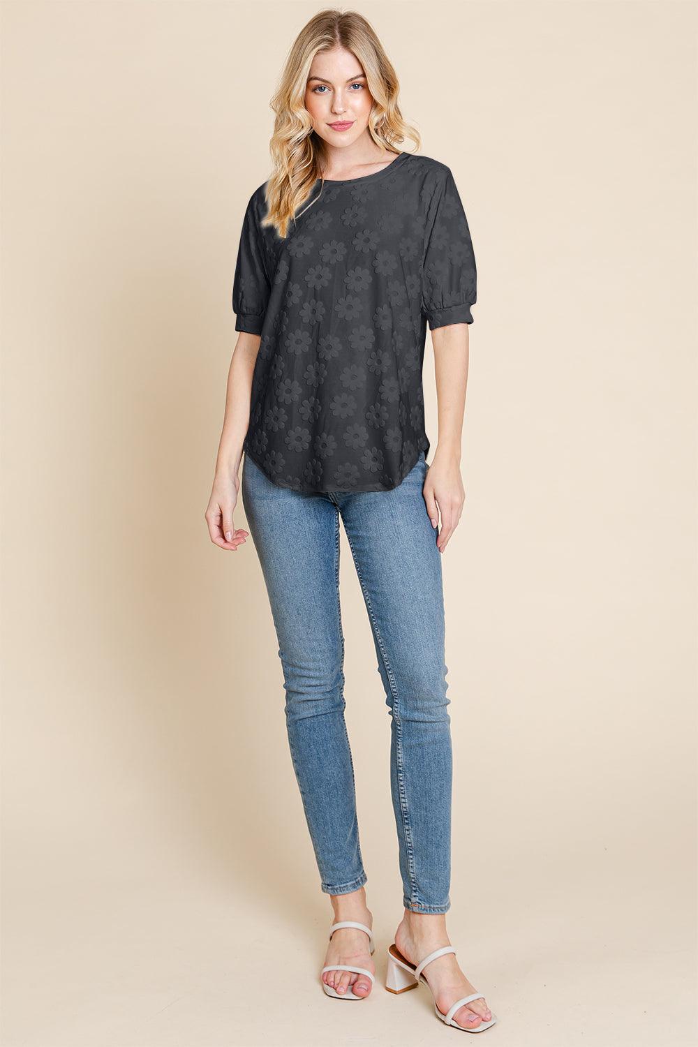 BOMBOM Textured Floral Pattern Top Carauana Store