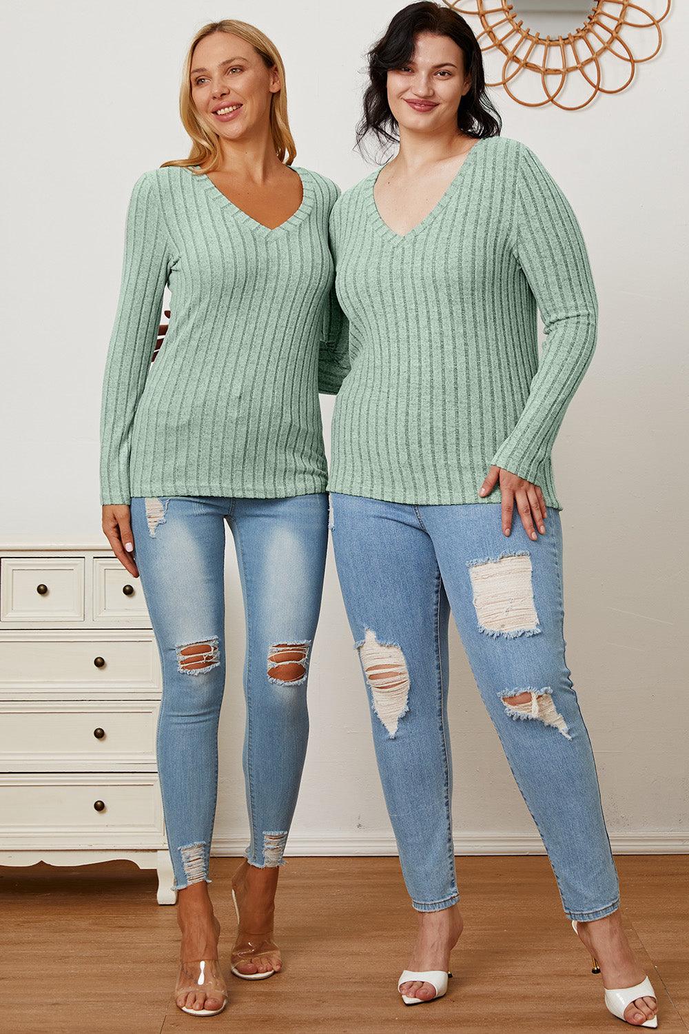 Basic Bae Full Size Ribbed V-Neck Long Sleeve T-Shirt Carauana Store