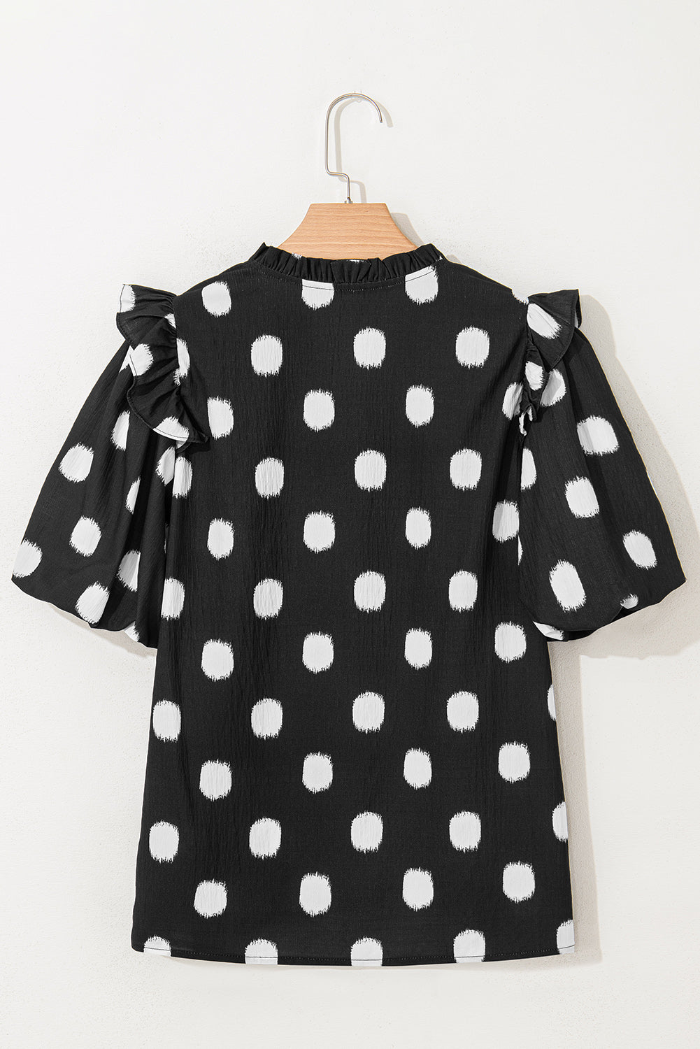 Black Polka Dot Print Shirred Yoke Notched Neck Balloon Sleeve Blouse