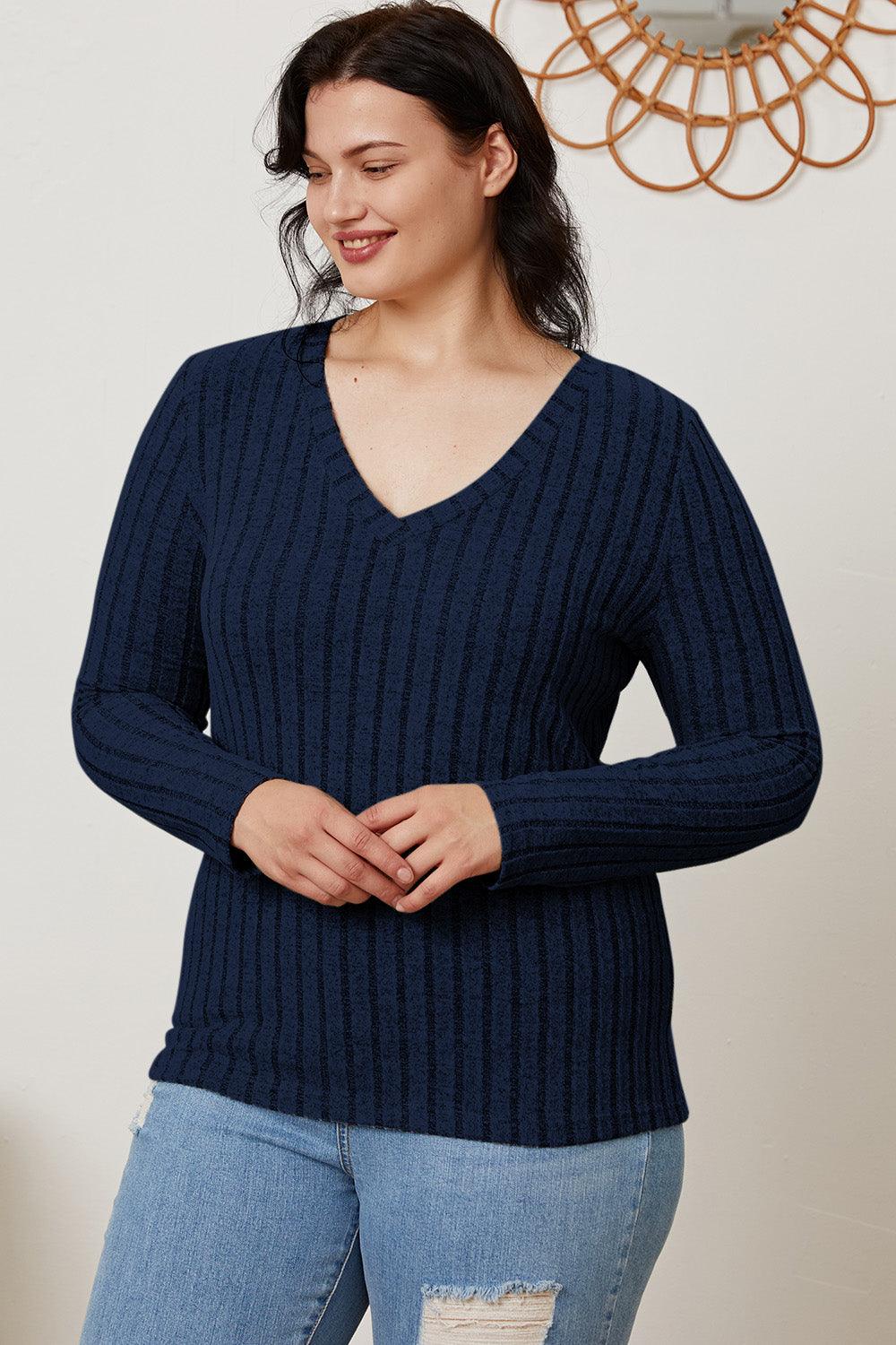 Basic Bae Full Size Ribbed V-Neck Long Sleeve T-Shirt Carauana Store