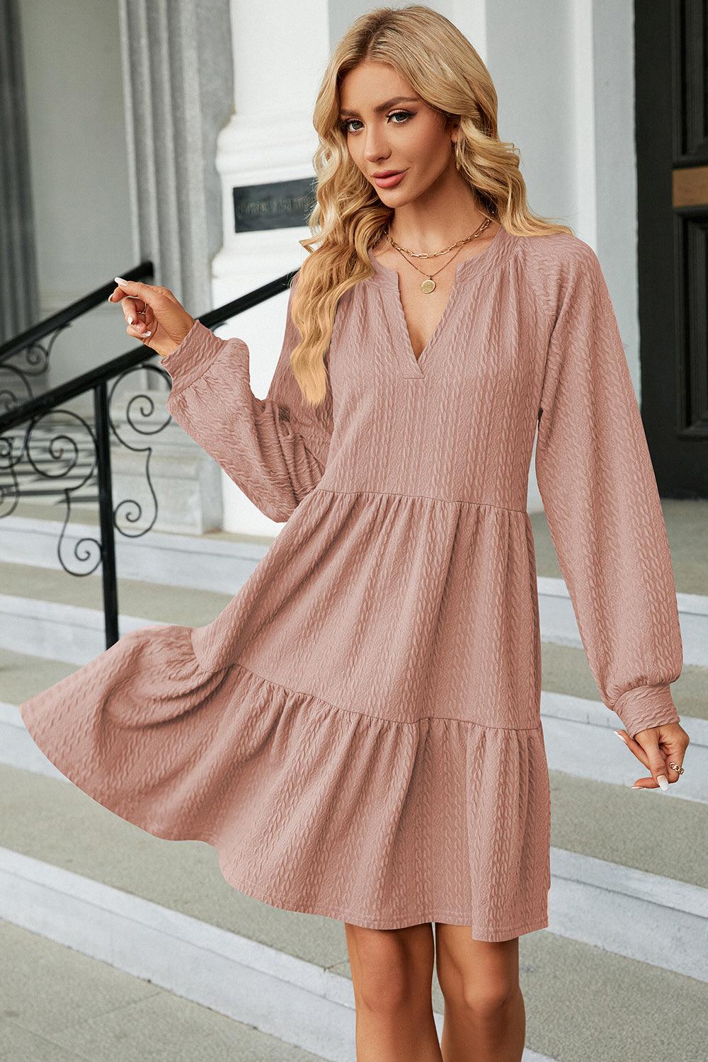 Ruched Notched Long Sleeve Mini Dress Carauana Store