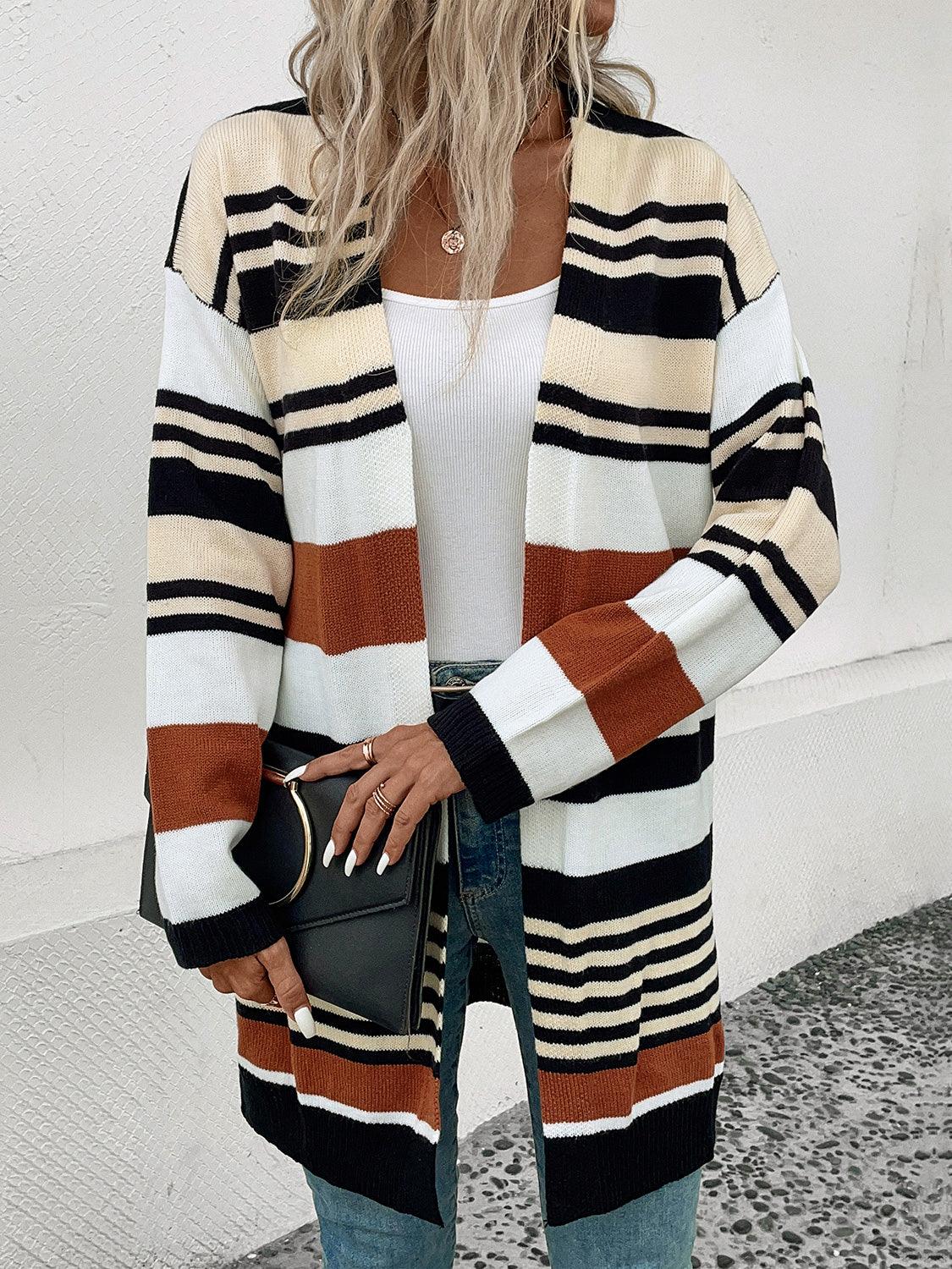 Perfee Striped Open Front Drop Shoulder Cardigan Carauana Store