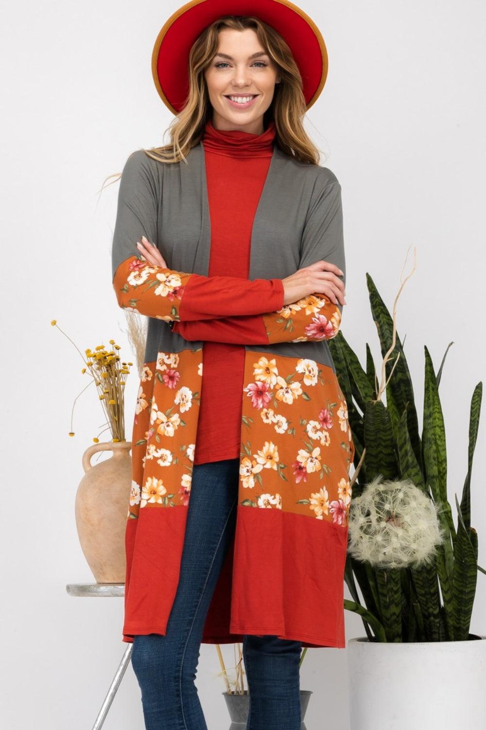 Celeste Full Size Floral Color Block Open Front Cardigan Carauana Store