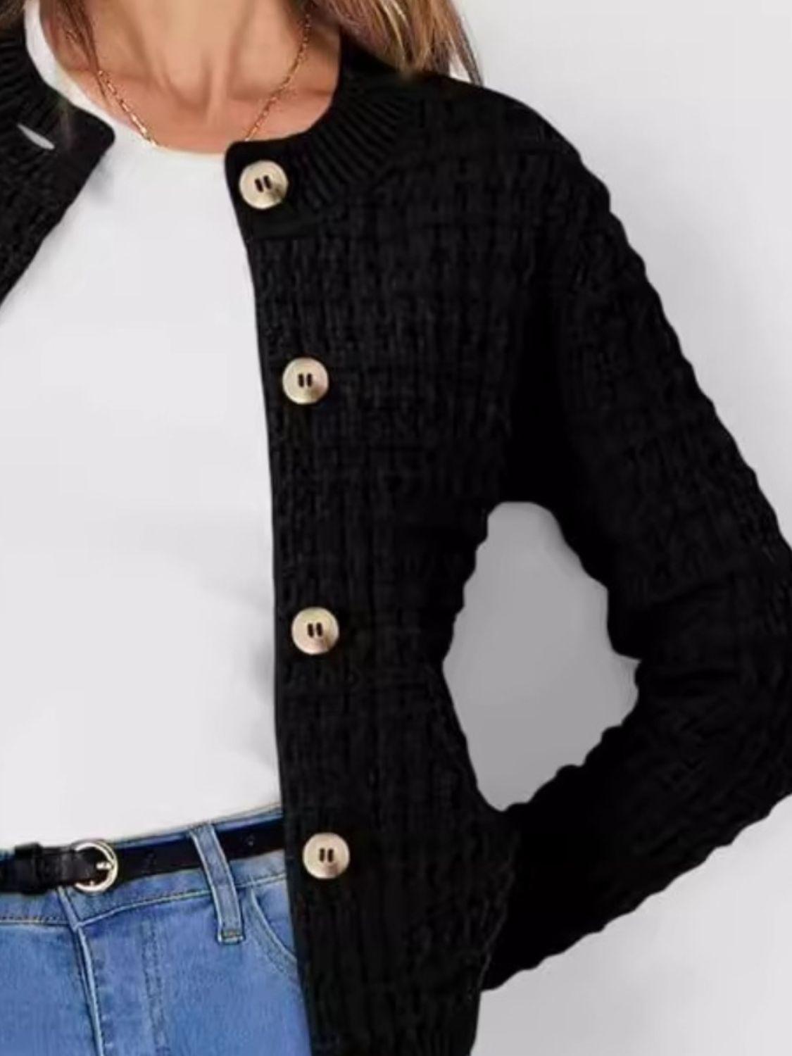 Button Up Round Neck Long Sleeve Cardigan Carauana Store