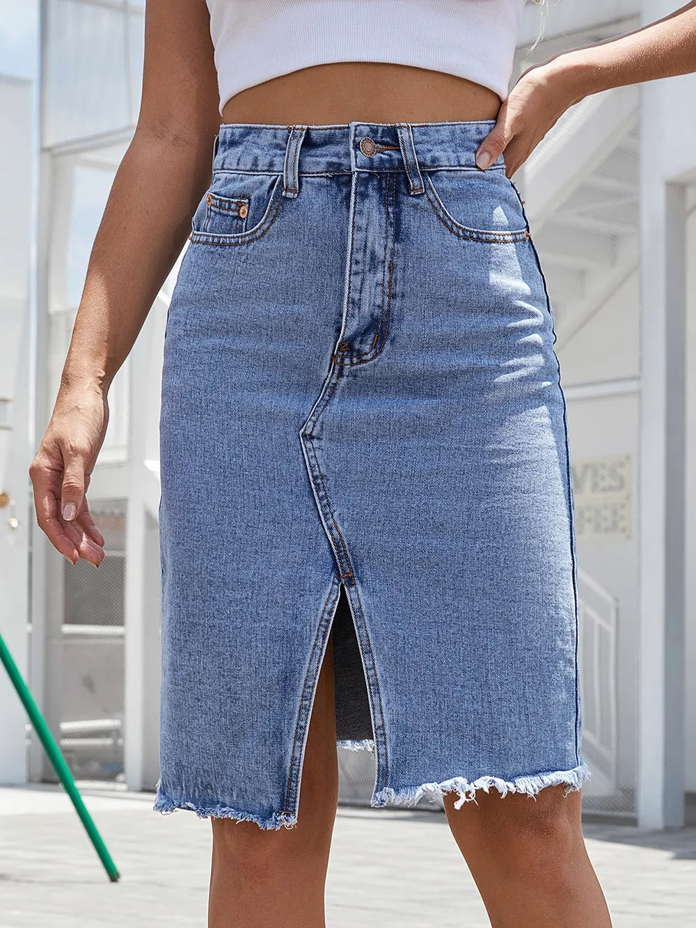 Raw Hem Slit Denim Skirt Carauana Store