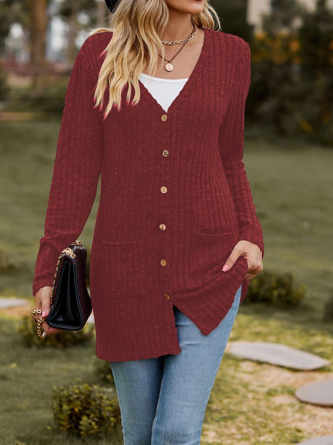 Ribbed Button Up Long Sleeve Cardigan Carauana Store