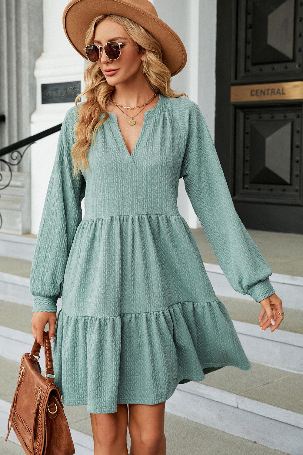 Ruched Notched Long Sleeve Mini Dress Carauana Store
