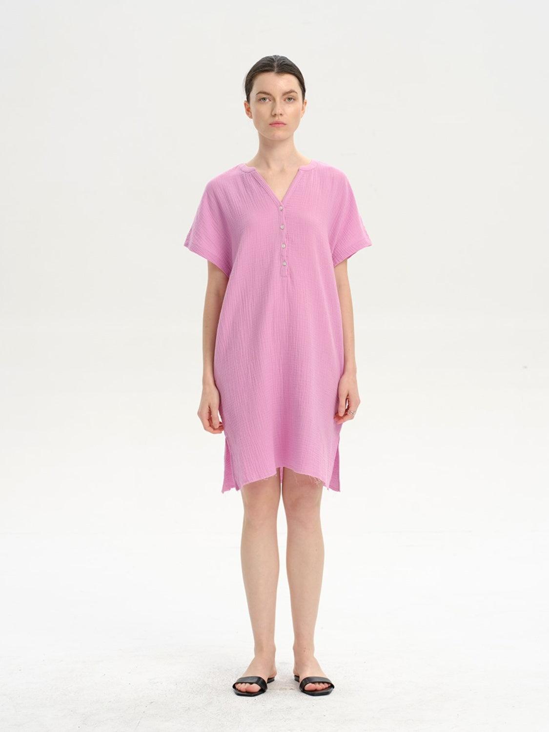 Slit Notched Short Sleeve Mini Dress Carauana Store