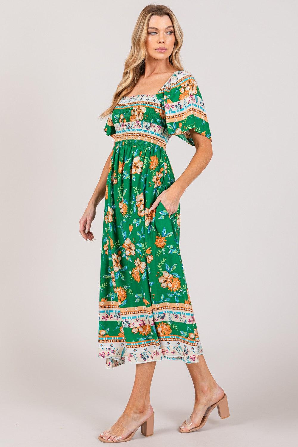 SAGE + FIG Printed Smocked Short Sleeve Midi Dress Carauana Store