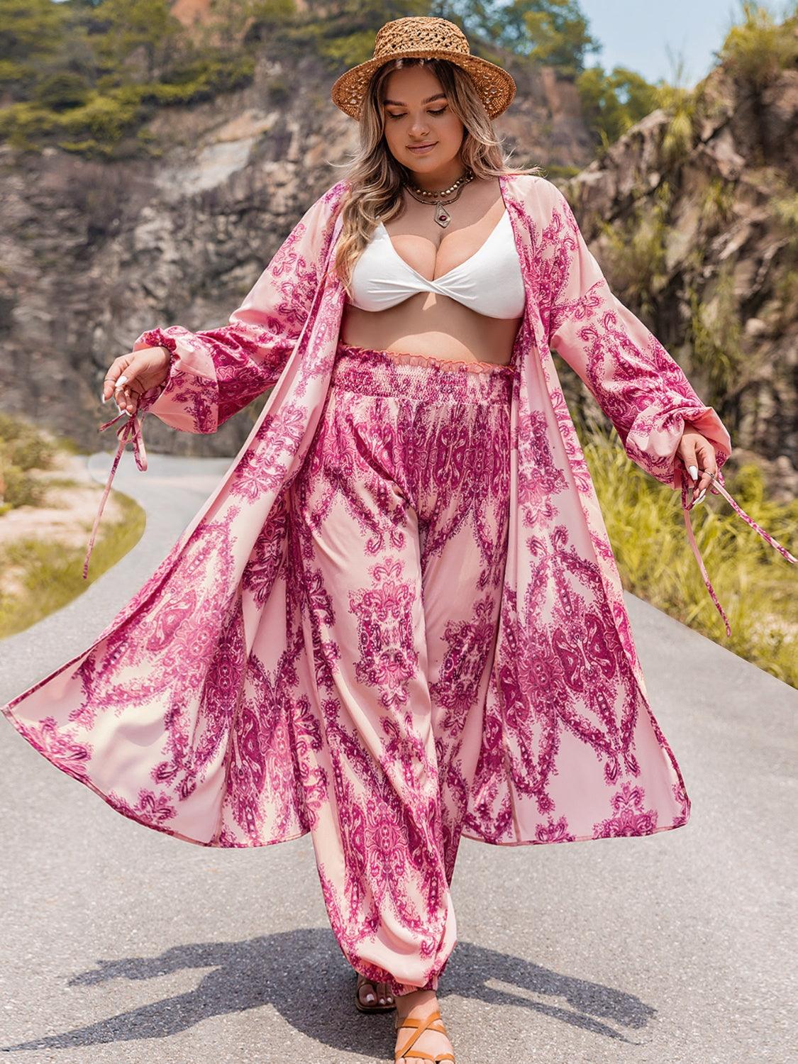 Plus Size Open Front Cardigan and Pants Set Carauana Store