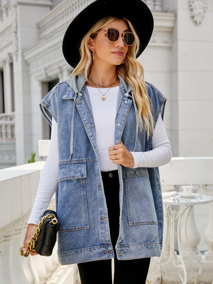 Hooded Sleeveless Denim Top with Pockets Carauana Store