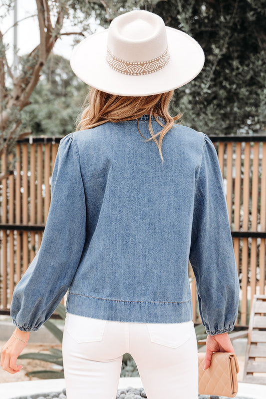 Dusk Blue Tied Front Long Puff Sleeve Denim Top