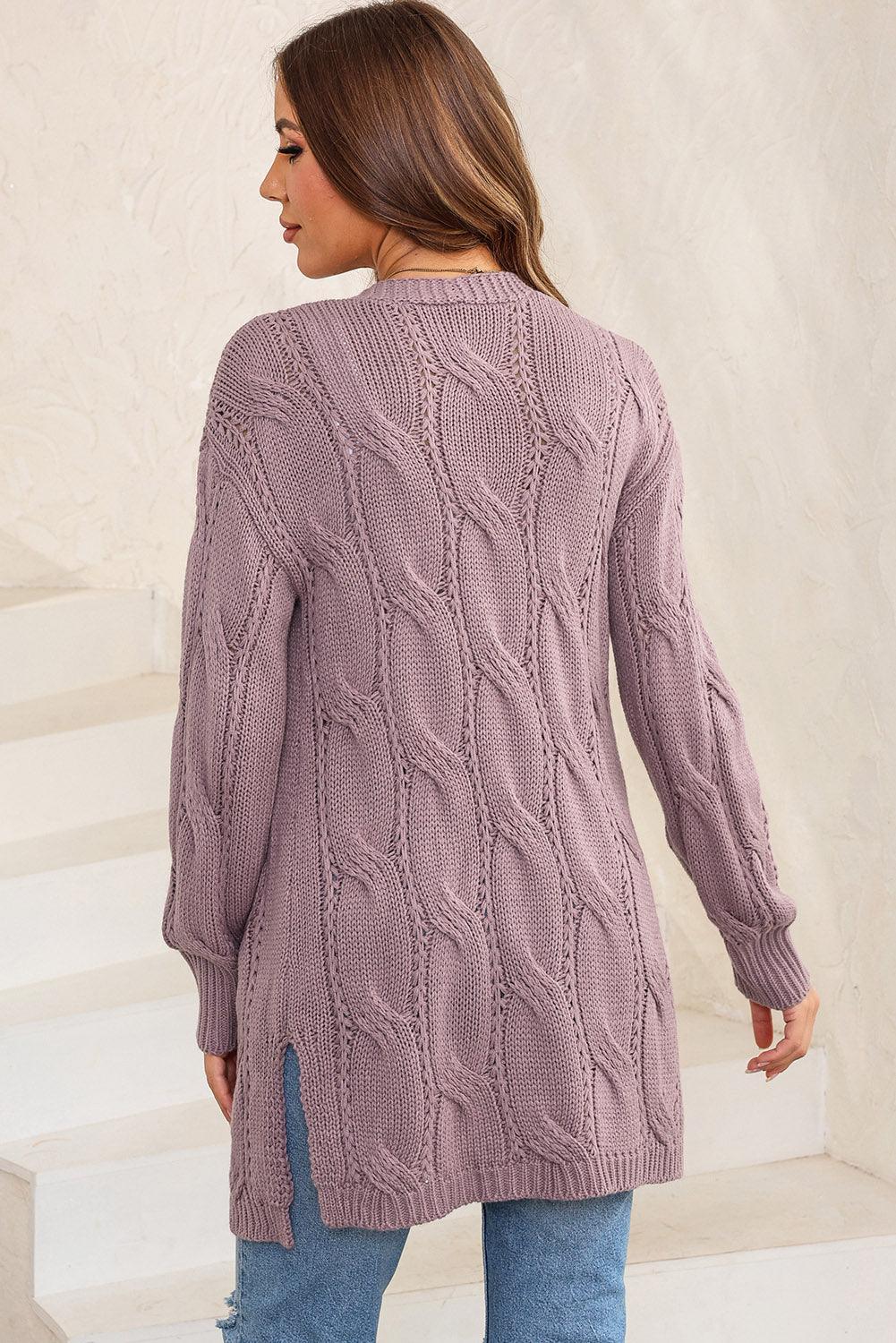 Cable-Knit Dropped Shoulder Slit Cardigan Carauana Store