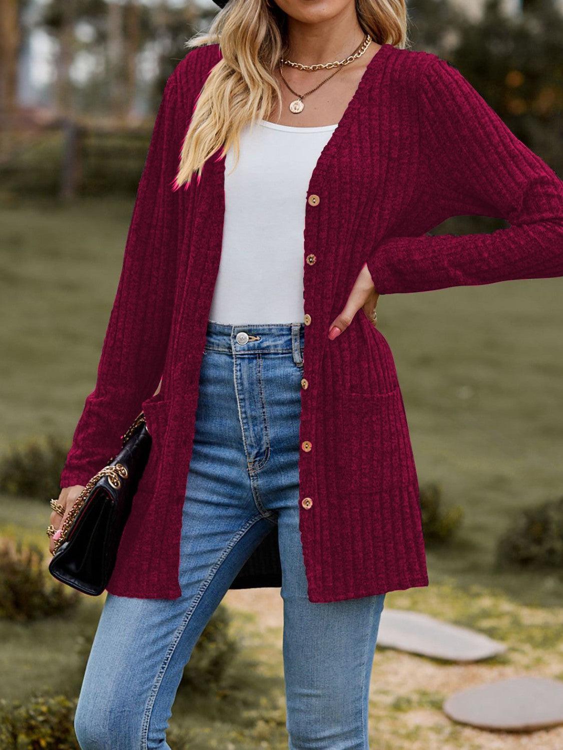 Ribbed Button Up Long Sleeve Cardigan Carauana Store