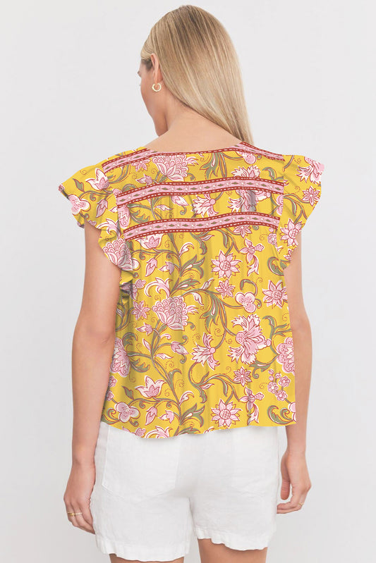 Yellow Floral Notched Neck Ruffled Sleeve Casual Blouse