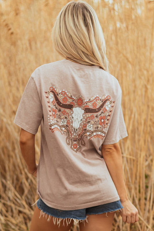 Smoke Gray Mineral Wash Floral Steer Head Printed Back Western Fashion Tee
