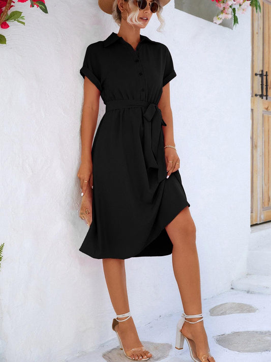 Buttoned Tie Waist Short Sleeve Dress Carauana Store