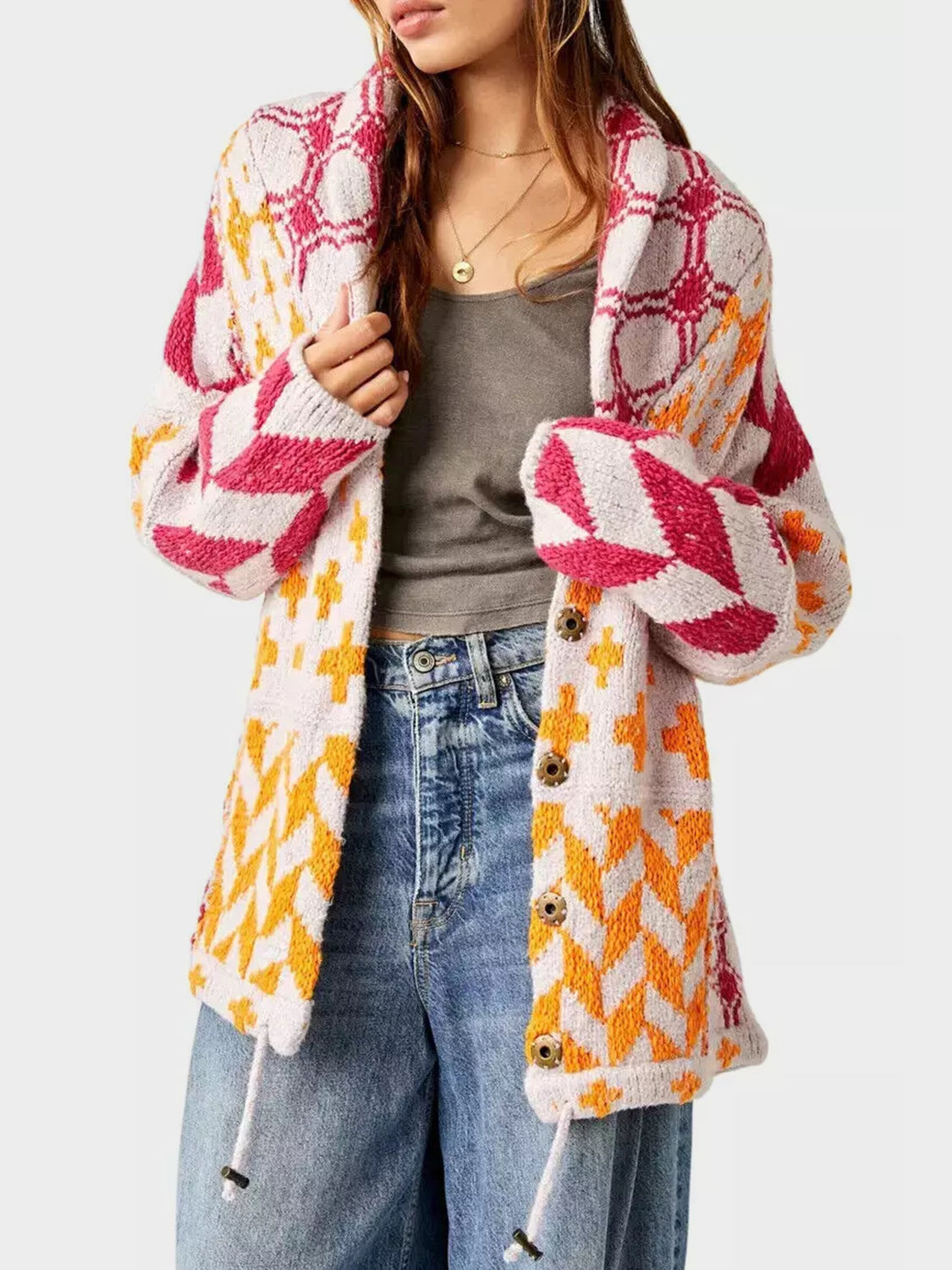 Collared Neck Long Sleeve Cardigan - Carauana Store
