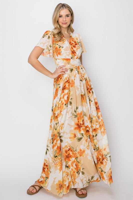 HYFVE Floral Tie Back Short Sleeve Slit Maxi Dress Carauana Store