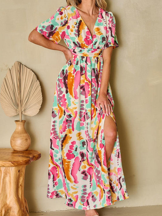Slit Printed Surplice Short Sleeve Maxi Dress Carauana Store