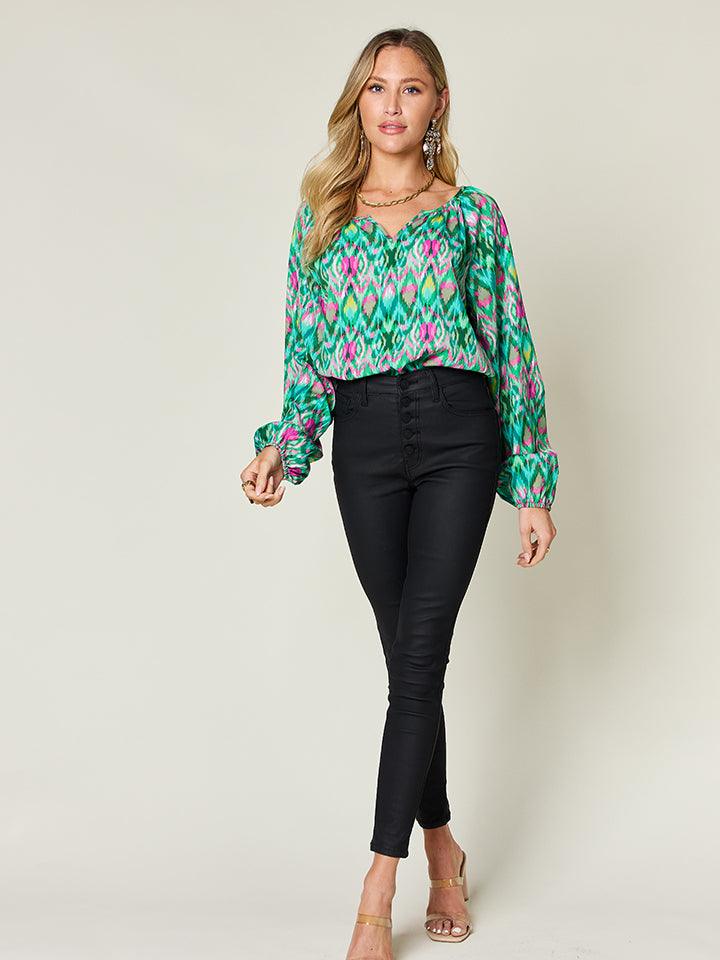 Double Take Full Size Printed Balloon Sleeve Blouse Carauana Store