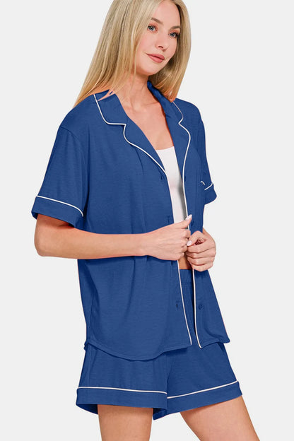 Zenana Button Down Short Sleeve Top and Shorts Lounge Set Carauana Store
