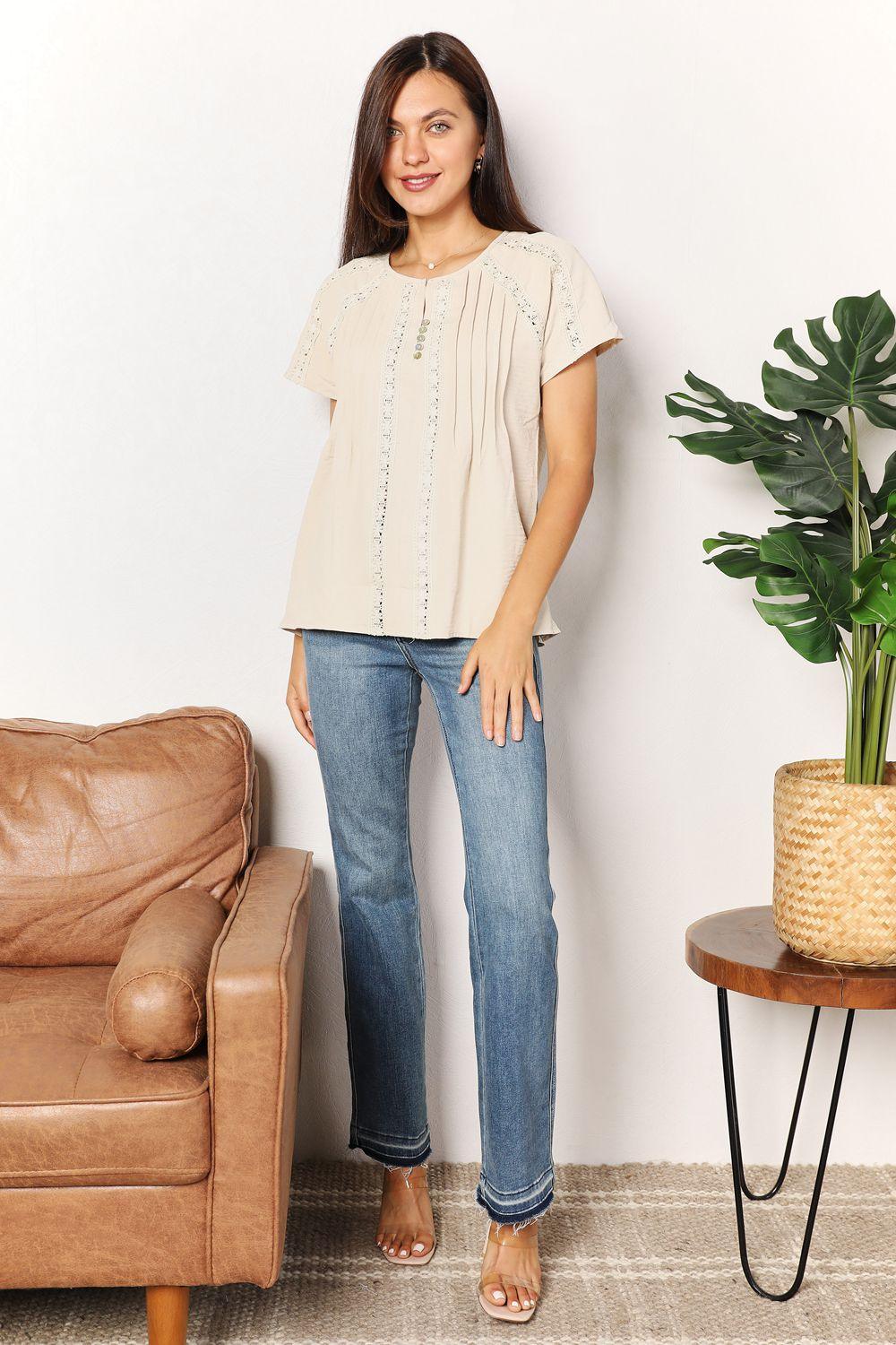 Double Take Crochet Buttoned Short Sleeves Top Carauana Store