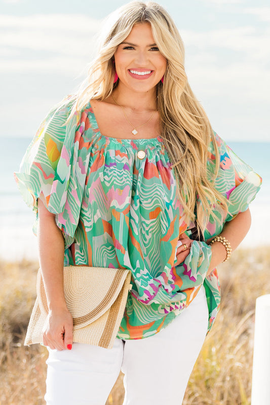 Green Tropical Boho Print Puff Sleeve Square Neck Loose Plus Blouse
