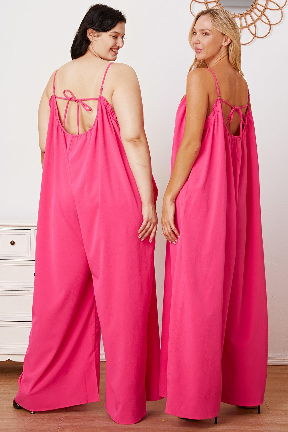 Double Take Full Size Ruffle Trim Tie Back Cami Jumpsuit with Pockets Carauana Store