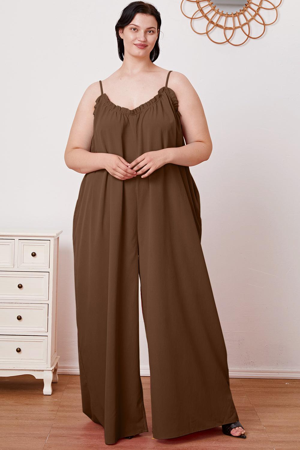 Double Take Full Size Ruffle Trim Tie Back Cami Jumpsuit with Pockets Carauana Store