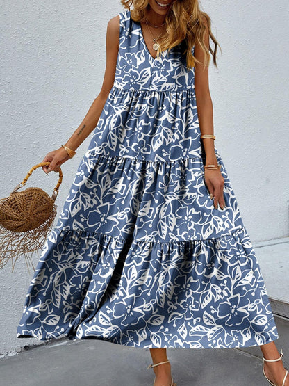 Tiered Printed V-Neck Sleeveless Dress Carauana Store