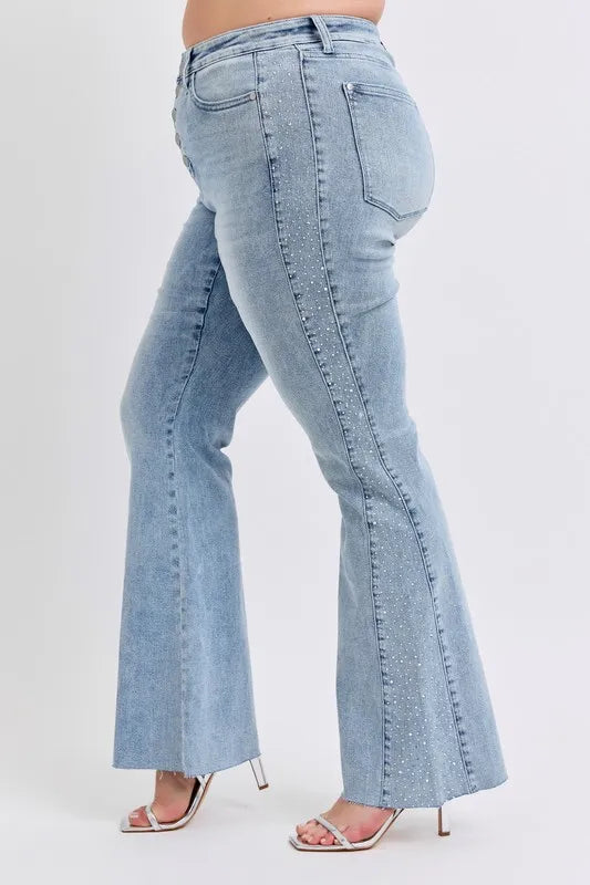 Judy Blue Full Size Mid Rise Rhinestone Side Panel Detail Flare Jeans Plus Size Carauana Store
