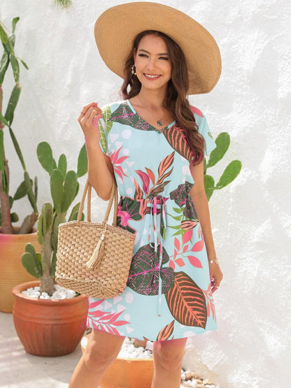 Drawstring Printed V-Neck Mini Dress Carauana Store