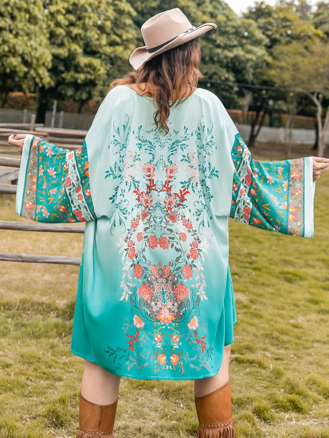 Plus Size Printed Open Front Long Sleeve Cover Up Carauana Store