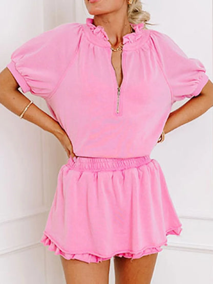 Half Zip Puff Sleeve Top and Ruffled Shorts Set Carauana Store