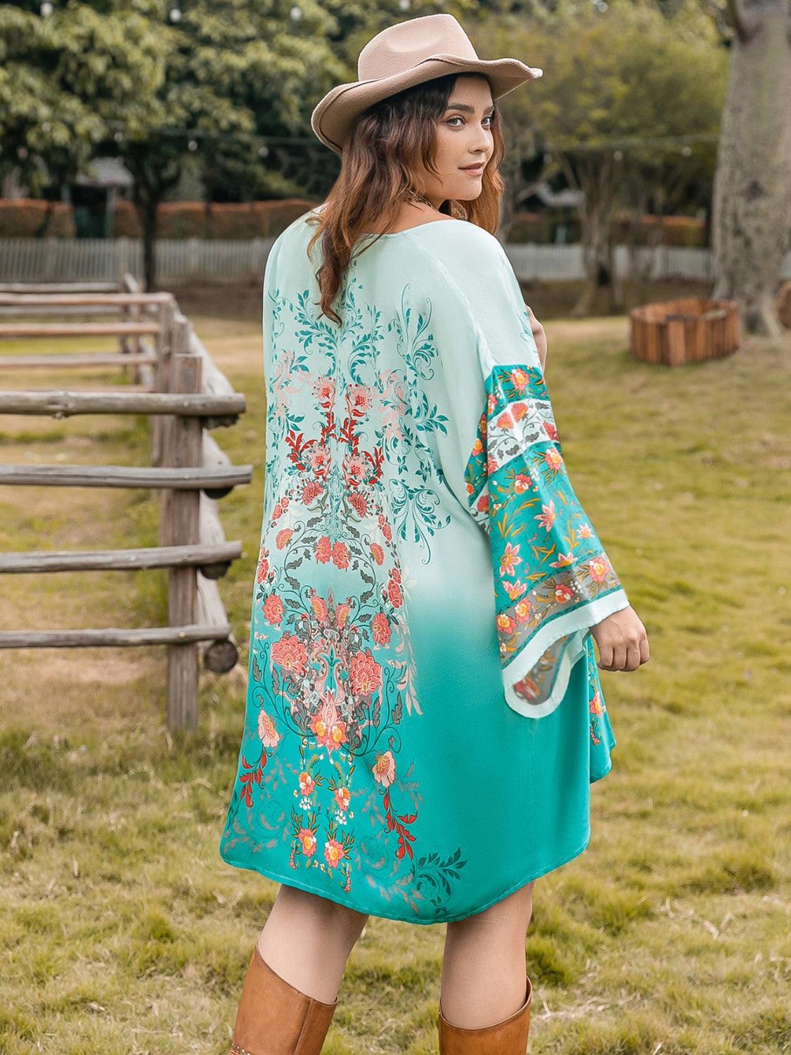 Plus Size Printed Open Front Long Sleeve Cover Up Carauana Store