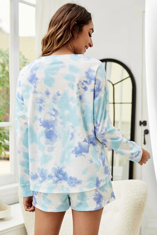 Shiny Tie-Dye Dropped Shoulder Top and Shorts Lounge Set Carauana Store