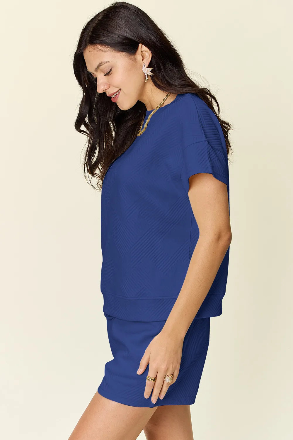 Double Take Full Size Texture Short Sleeve T-Shirt and Drawstring Shorts Set Carauana Store